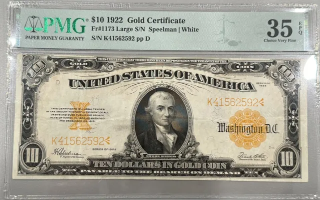 1922 $10 Large Size Gold Certificate FR#1137 PMG VF35 EPQ