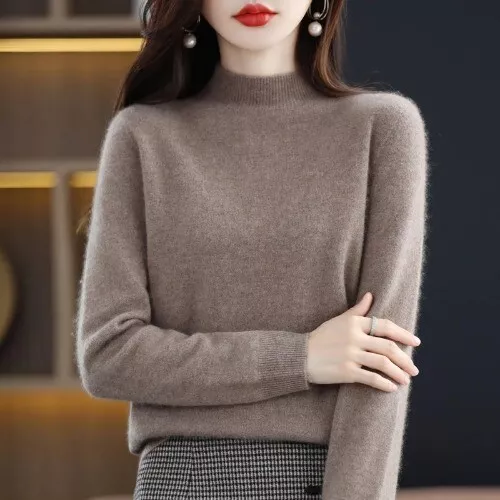 MerinoWool WomenCashmere Knitted Sweater Half High Collar Long Sleeve Pullover