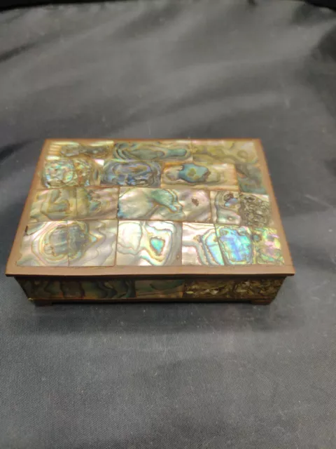 Vintage  Brass & Abalone Shell Jewelry Box-Redwood Lined - 4"X3"X1.25"