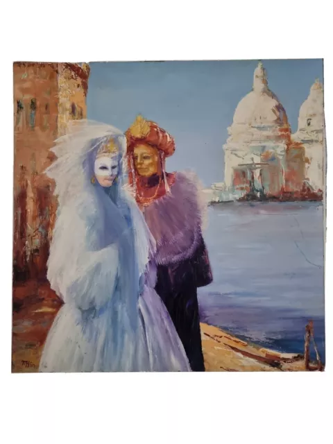Pintura Óleo Sobre Cuadro Michel Blim "Los Amantes Venecia ".scene Romántica 2