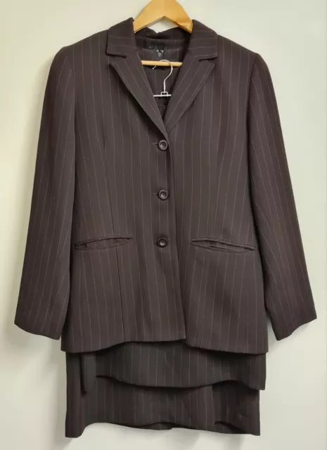 Katies Ladies x3 Piece Suit Set Size 12 Brown Pinstripe Blazer Dress & Skirt