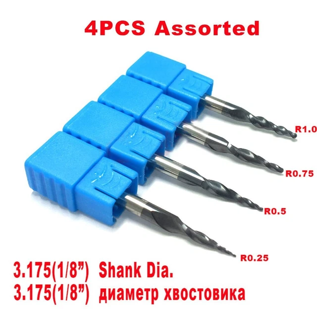 4pcs Set 0.25-1.0mm Carbid Konische Ball Nase Schaftfräser Fräse 1/8 Schaft