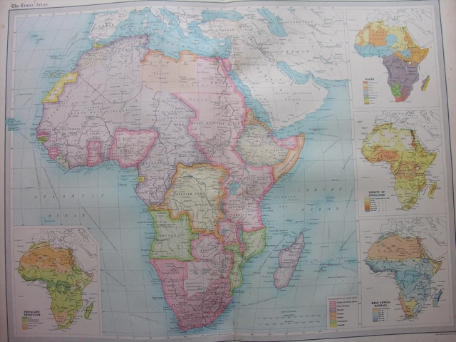 1920 MAP OF AFRICA - POLITICAL, Races Population Rainfall - Plate 68 Times Atlas