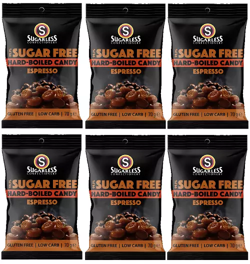 903826 6 X 70G Sugarless Confectionery 99.5% Sugar Free Hard Boiled Espresso Bag