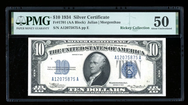 DBR 1934 $10 Silver Fr. 1701 PMG AU-50 Serial A12075875A
