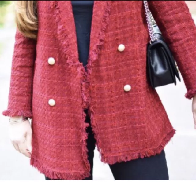 ZARA Giacca Blazer Bouclé Tweed Sfrangiato Rosso Scuro Taglia Small