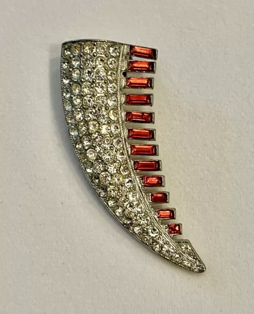 Vintage Art Deco Ruby-Colored  & Clear Rhinestone Silver-tone Dress Clip