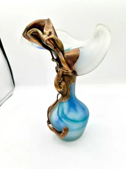 Vtg Filip Ravert Romanian Blown Art Glass Vase Blue Copper Overlay Fluted signed