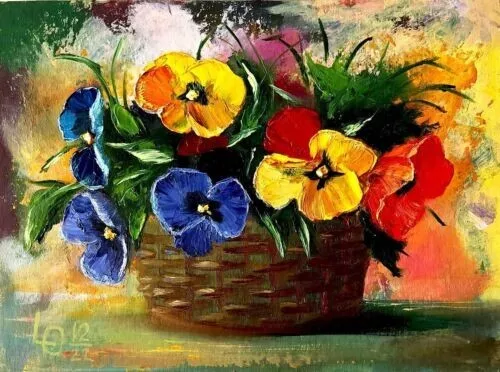 Pansies oil painting flower impasto floral miniature viola basket 15х20