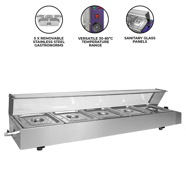Bain Marie 5 Gastronorm Pfannen Edelstahl Topf nass gut heiß Lebensmittel Display Glas