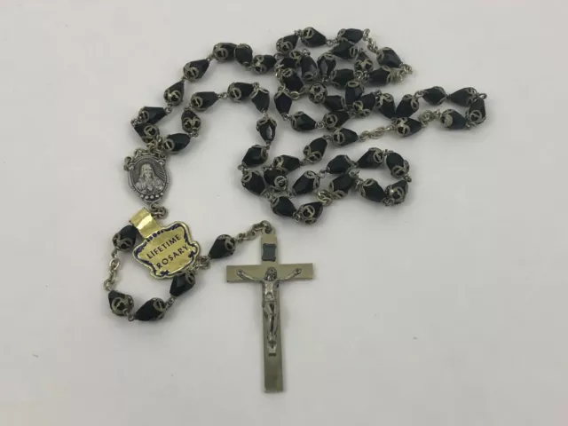Vintage Italian Black Glass or Crystal Bead Lifetime Rosary Older Beautiful M8