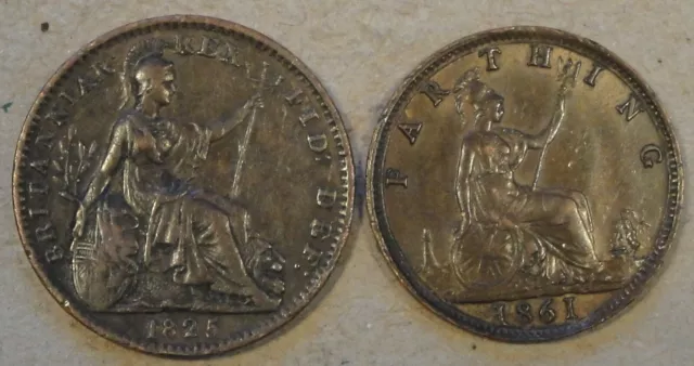 Great Britain 1825 + 1861 Farthings Better Grades as Pictured