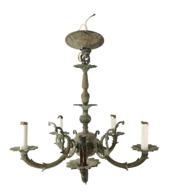 Stunning Chandelier 5 Lights Arm Ornate Brass Great Patina Made in Spain