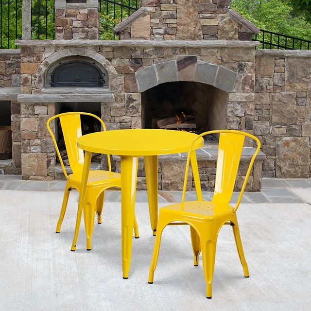 Commercial Grade 30" Round Yellow Metal Indoor/Outdoor Table Set w/2 Cafe Chairs