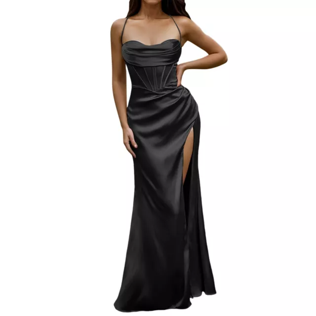 Lady Sexy Satin Corset Maxi Dress Silky Strap Push Up Fishbone Ruched Long Dress 3