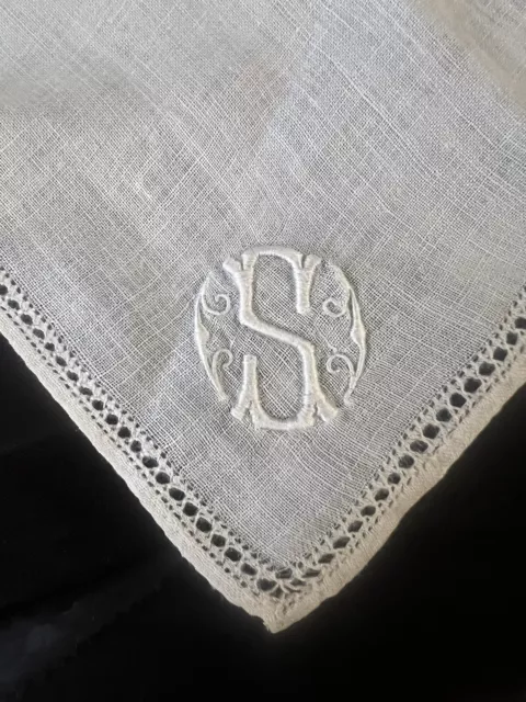 Antique Fine Linen Napkins Embroidered Monogram S Drawn Thread Edges Set Of Six