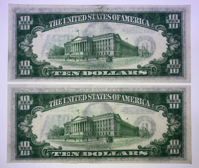1934 ($10) Ten Dollar  Green Seal Consecutive Set Of (2) Two Notes 2