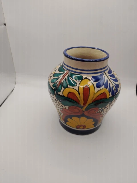 Talavera Mexican Clay Vase Blue Yellow Red Rustic Folk Art 8 Inch Handmade