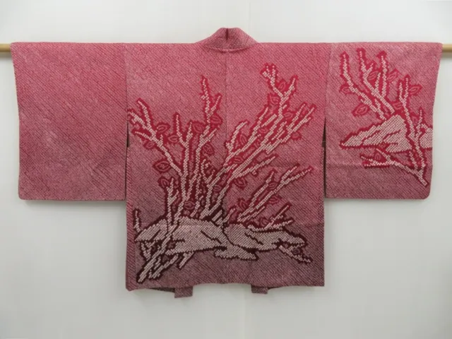 2401T02z390 Vintage Japanese Kimono Silk SHIBORI HAORI Tree Dark red
