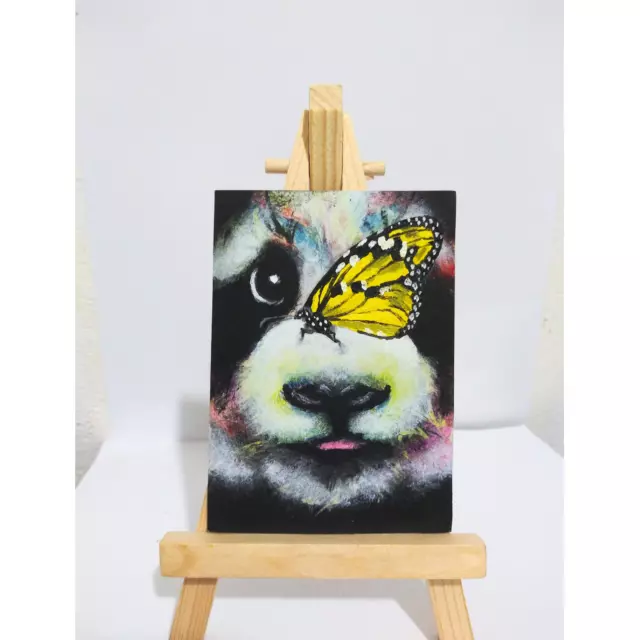 ACEO original painting white panda & yellow butterfly miniature art card OOAK