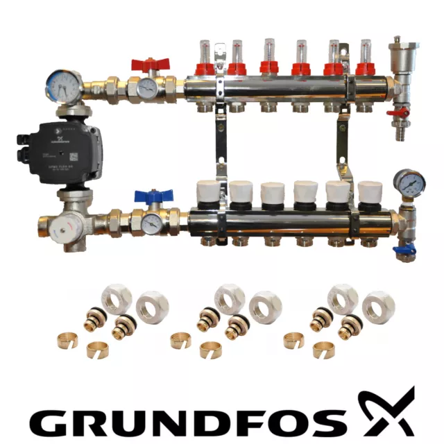 WATER UNDERFLOOR HEATING MANIFOLDS 2 to 8 PORTS A RATED GRUNDFOS UPM3 PUMP PACK