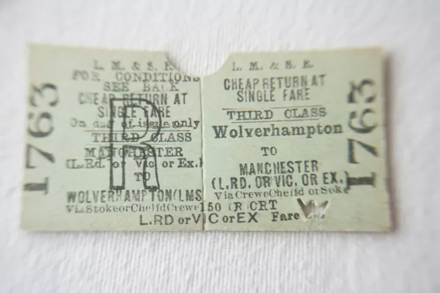 1933 Wolverhapton to Manchester LMS Railway Train Ticket