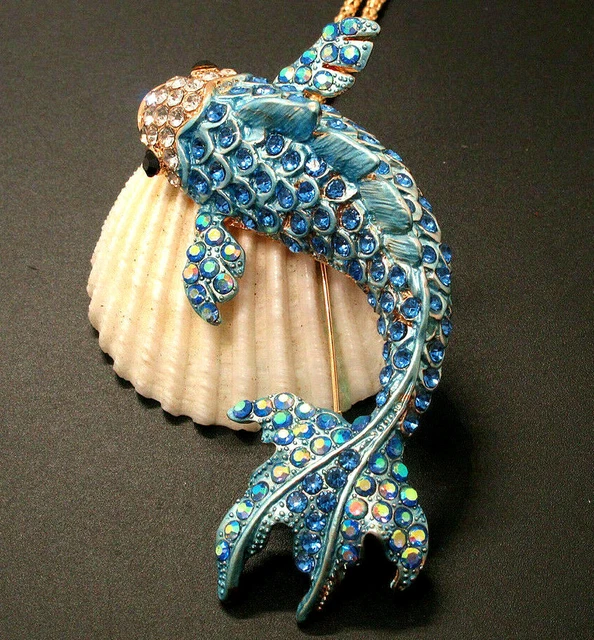 Superb BLUE Gold FISH Rhinestone KOI Fish Betsey Johnson Pendant Necklace