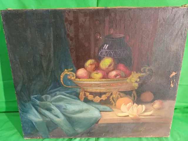 TABLEAU NATURE MORTE HST HUILE SUR TOILE COUPE DE FRUIT Signé L. MICHEL