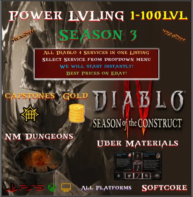 Diablo 4 Staffel 3  Power Level 1-100 lvl XP Boost  S3 Gold  PC PS5 XBOX