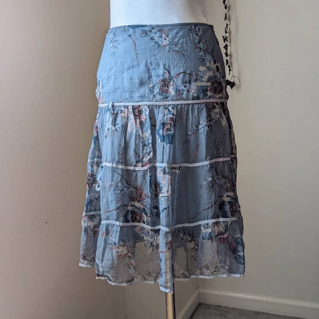 Betsey Johnson Vintage 90s Pastel Blue Floral Silk Tiered Mini Skirt Bows Soft S 2