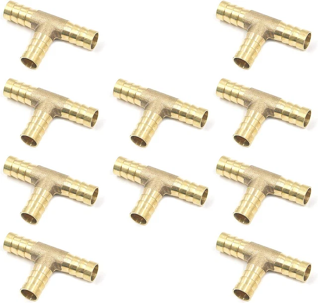 Antrader 3/8" Tee Brass Hose Barb Fitting 3-Way PEX Pipe Union Fittings 10-Pack