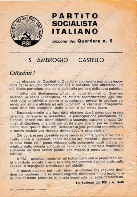 CREMONA Partito Socialista Italiano PSI S. Ambrogio Castello Elezioni opuscolo