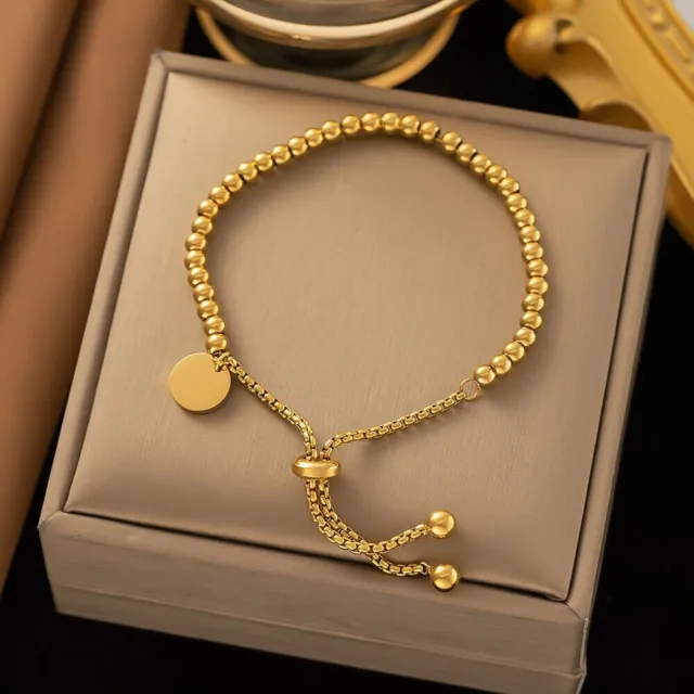 Woman 18K Gold Plated Stainless Steel Bead Ball Chain Bracelet Bangle Disc