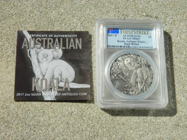 2017-P Australia Koala Antique Finish High Relief 2 Oz. Silver $2 Pcgs Ms69