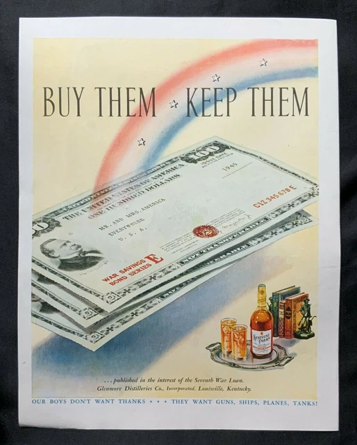 1945 WWII Bourbon Print Ad ~ Louisville KY Glenmore Tavern Whiskey ~ War Bonds