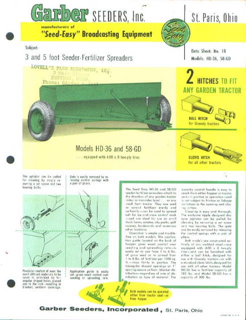 Garber Seeder Fertilizer Spreader sellsheet 1960s