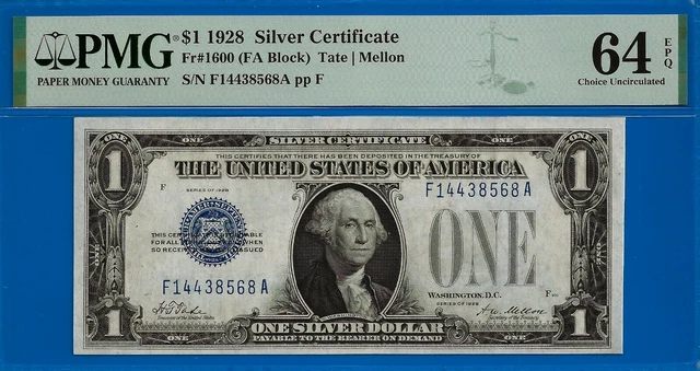 FR-1600 ✅ 1928 $1 S/C (( Blue Seal 🔴 FA Block )) PMG 64EPQ # F14438568A