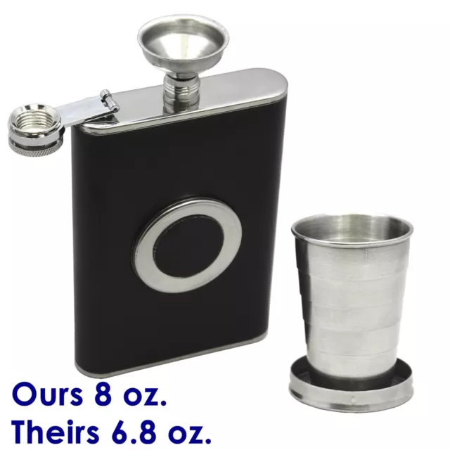 NEW 8 oz Stainless Steel FLASK  Leather Wrapped SS Funnel & Shot Glass Built In