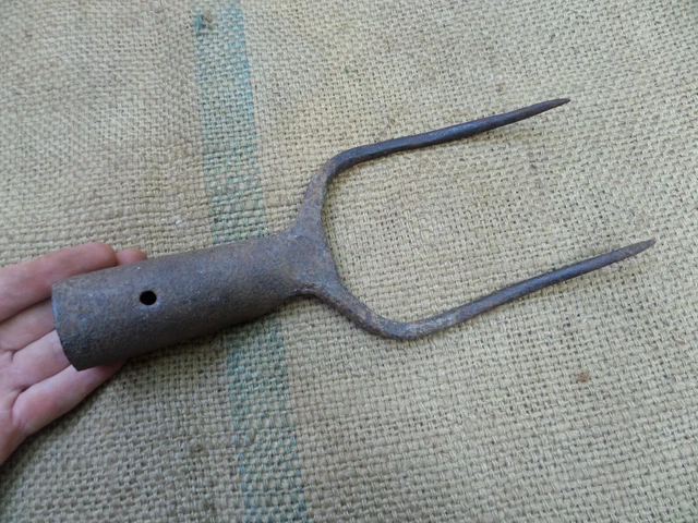 Antique Big Fork Pitchfork Hand Forged Iron Gardening Tool Vintage 19C