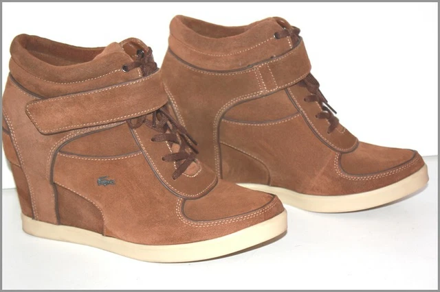 LACOSTE Bottines Compensées à scratchs  Daim Marron Fauve Taille 40 TBE