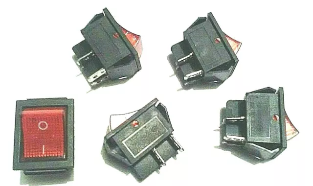 5 X Rocker Switches 16A 240V, 20A 125V RED ON-OFF Double Pole 4 Pin ILLUMINATED