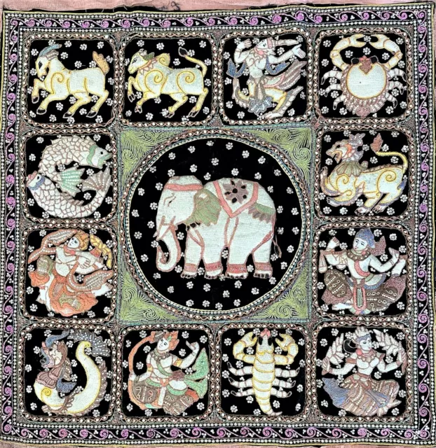 LARGE BURMESE / THAI KALAGA ELEPHANT & ZODIAC SIGNS HANDSEWN TAPESTRY c.1950s