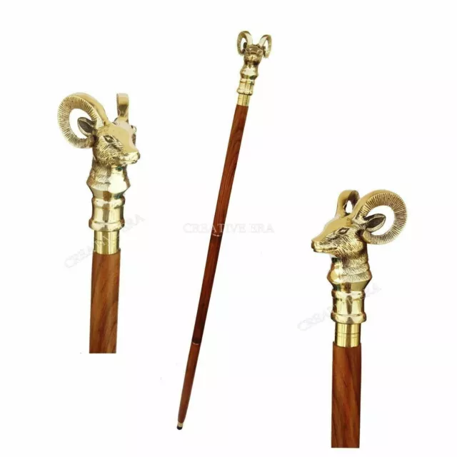 Vintage Brass Goat Head Handle Brown Wooden Walking Cane Stick Handmade Style