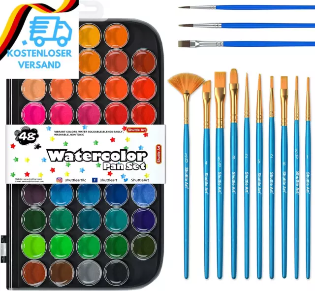 58Er-Pack Wasserfarben, Shuttle Art 48 Farben Aquarellfarben Kasten Mit 13 Pinse