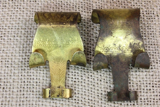 2 old Picture Molding Rail Hooks Brass Painting Hangers vintage VERY tarnished