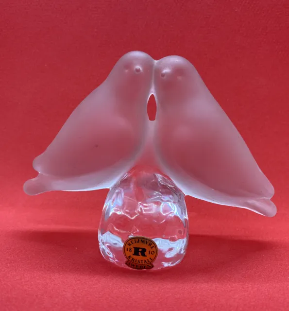 Vintage Reijmyre Swedish Frosted Art Glass Crystal Love Birds Paperweight