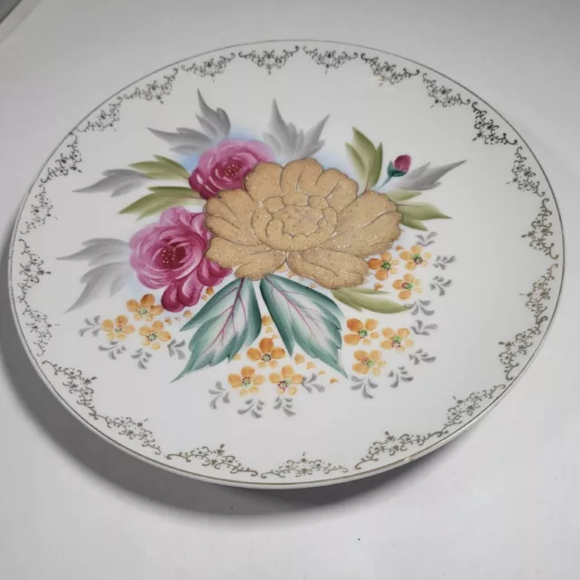 Vintage Hand Painted Roses Porcelain Wall Hanging Plate Filigree Trim Japan