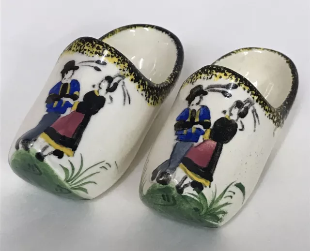 Pair (2) Vintage French Henriot Quimper Faience Miniature Ceramic Clogs Folk Art