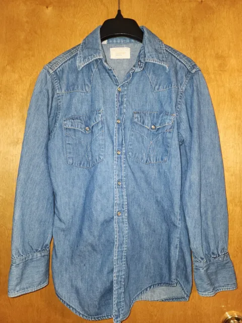 VTG JC Penney Ranchcraft Shirt Mens Small Western Denim Pearl Snap Made USA 70s