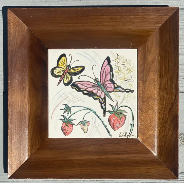 Mid-Century Modern Aida Whedon Hand Painted Butterfly Tile Plaque Wall Wooden